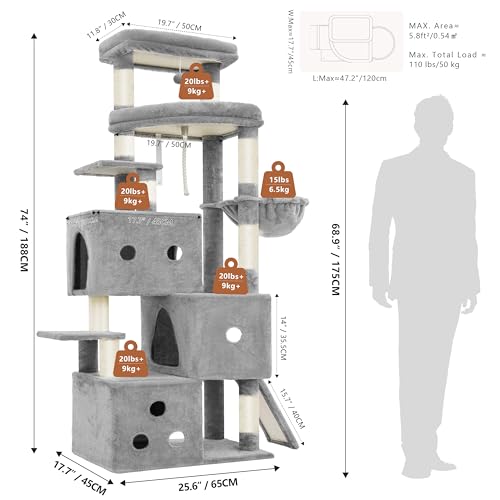 Cat Tree, 74-Inch Streamlined Cat Tower for Large Cats HCT061W (74 inch / Light Gray)