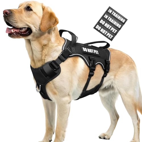 Escape Proof Dog Harness with Double Handle+4 Removable Patches (Large / Black)