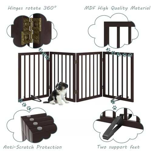 Wooden Dog Gate Freestanding Foldable 4 Panel Pet Gates Extra Wide Dog Gates for Indoor Doorways Stairs 24in Height Support Feet Included (Espresso / 4 Panel - 74 inches Wide)
