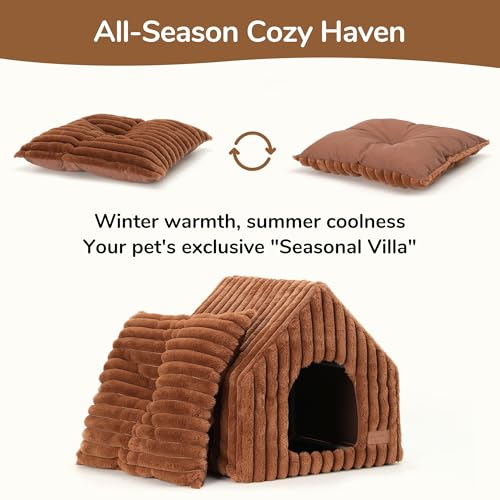 Cat Bed Cave Enclosed Washable Covered Dog Bed with Support Frame (Brown / 17 Inch (Cats up to 15 lbs, Dogs up to 10 lbs))