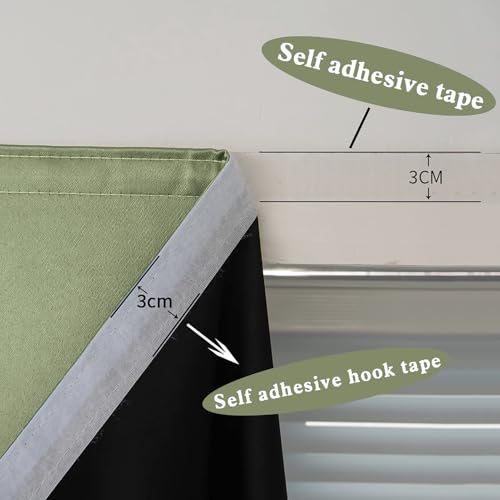 100% Blackout Stick Curtain Portable Black Out Curtains Adhesive Curtains for Bedroom Living Room No Drilling (Sage Green/ Thickened / 47"W x 59"L (Pack of 1))