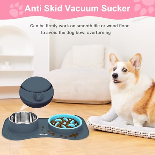 Slow Feeder Dog Bowls 3 in 1 Stainless Steel Food Water Bowl to Slow Eating (Small ＆ Medium Breed / Light Grey)