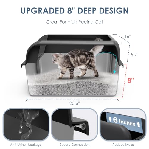 XL 8" Deep Enclosed Stainless Steel Cat Litter Box for Big Cats (Charcoal Gray & Sliver / X-Large)