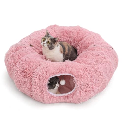 Plush Cat Tunnel Bed for Indoor Cats with Soft Cushion (Pink)