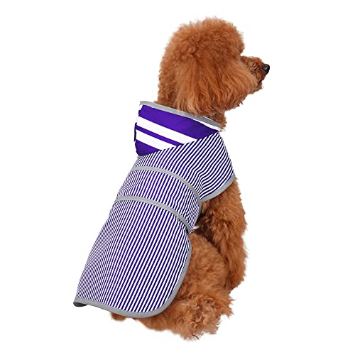 Dog Raincoat for Small Dogs Puppies Waterproof Jacket Hooded Rain Coats with Reflective Strips Leash Hole & Poncho Adjustable Fit (Blue white Stripes / Small)