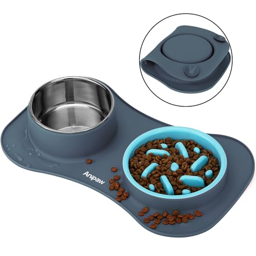Slow Feeder Dog Bowls 3 in 1 Stainless Steel Food Water Bowl to Slow Eating (Small ＆ Medium Breed / Light Grey)
