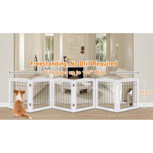 6 Panel Extra Wide Wooden Freestanding Dog Gate (24"Height-6 Panel / White)