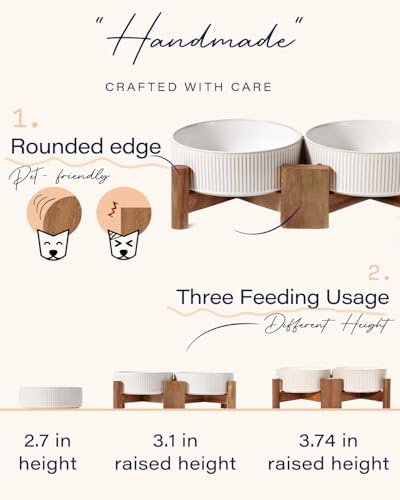 Elevated Ceramic Dog Cat Bowl Set (Small-1.8Cups / Vintage White)