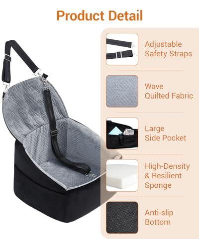 Dog Booster Car Seat with Extend Backrest for Small Medium Pet (Black&Grey / 18.5"l X 18.5"w X 22"h)