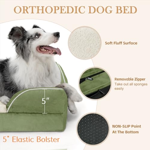 Orthopedic Dog Beds for Large Sized Dog with Bolster (36.0"L x 27.0"W x 8.0"Th / Light Green)