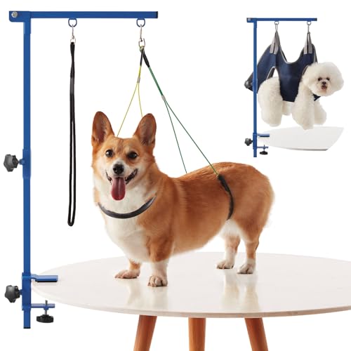Home Dog Grooming Table Arm with Hammock 35" Height Adjustable Dog Grooming Arm with Clamp No (Blue / Small/Medium)