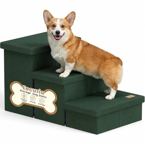 3 Step Wide Dog Stairs with Hidden Storage 18" H (Dark Green / 30"D x 17"W x 17.7"H)
