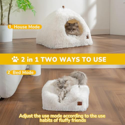 Cat Bed Cat Beds for Indoor Cats 2 in 1 Foldable Cat House White L (White / L(17.7 x 17.7 x 17.7 Inch))