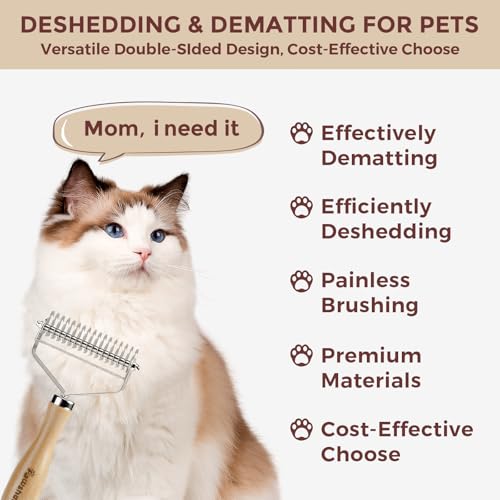 3-in-1 Professional Pet Shedding Dematting Comb - Deshedding Undercoat Rake for Dogs with Stainless Steel Blades Metal Pet Brush with Wood Handle Matted Hair Detangling Thinning and Shedding (Upgraded 3-in-1 Comb)