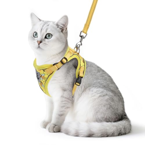 Cat Harness and Leash Set Escape Proof Reflective Cat Walking Harness Adjustable Soft Breathable Mesh Vest for Small Pets (S (NECK 9.5"-11", CHEST 13"-16") / Yellow Bee)