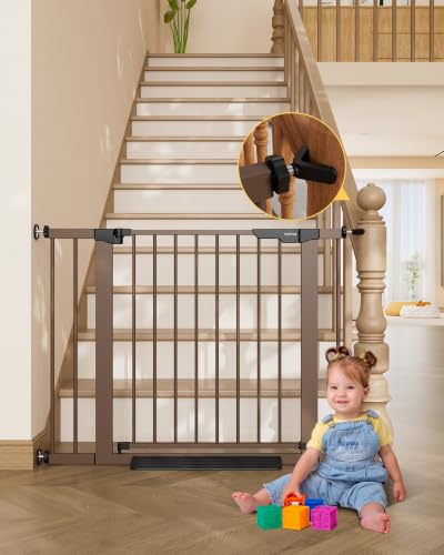 29.6 39.1 in Wide Baby Gate for Stairs and Doorways (Brown / 29.6-39.1"W x 28"H)
