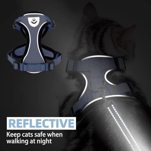 Cat Harness and Leash Set Escape Proof Reflective Cat Walking Harness Adjustable Soft Breathable Mesh Vest for Small Pets (S (NECK 9.5"-11", CHEST 13"-16") / Sky Blue)