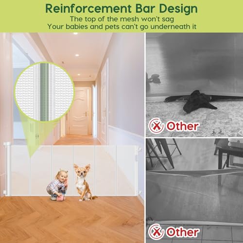 Reinforced 80 Inch Extra Wide Retractable Baby Gate with Support Rods (White / 33" Tall x 80" Wide（ With Reinforced Bar ）)