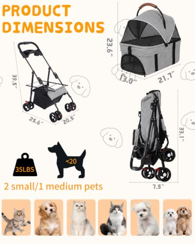 Pet Stroller 3 in1 Foldable Dog Cat Stroller with Detachable Carrier (GRAY)