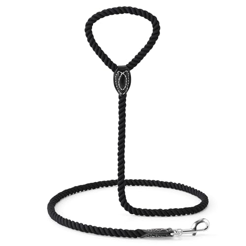 Dog Leash Braided Cotton Rope with Leather (Black / 48 Inch-1/2")