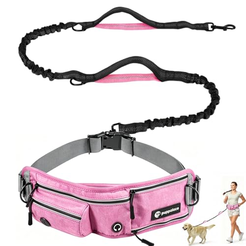 Hands Free Dog Leash with Waist Pack Bungee for Running Pink (Pink)