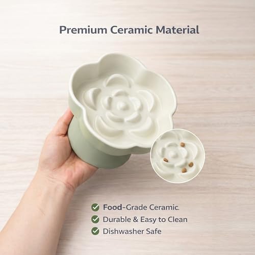 Ceramic Elevated Slow Feeder Cat Bowl (Beige/Yellow)