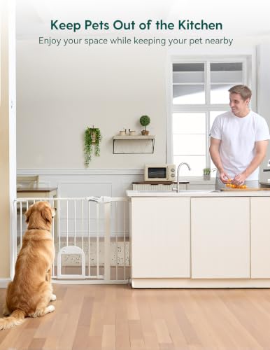 Extra Wide Dog Gate with Small Cat Door (White / 29-55" Wide, 30" Tall)