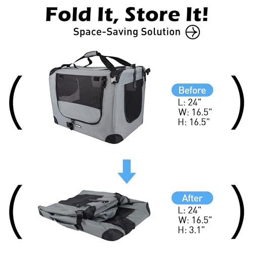 Large Cat Carrier 24"x16.5"x16.5" Portable Dog Crate for Small Medium Dogs Collapsible Traveling Pet Crate with Collapsible Bowl (Grey (No Litter Box) / 24.0"L x 16.5"W x 16.5"H)