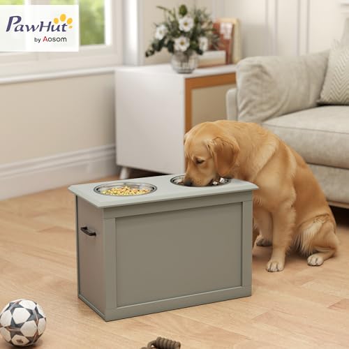 Raised Pet Feeding Storage Station with 2 Stainless Steel Bowls Base for Large Dogs and Other Large Pets (Gray)