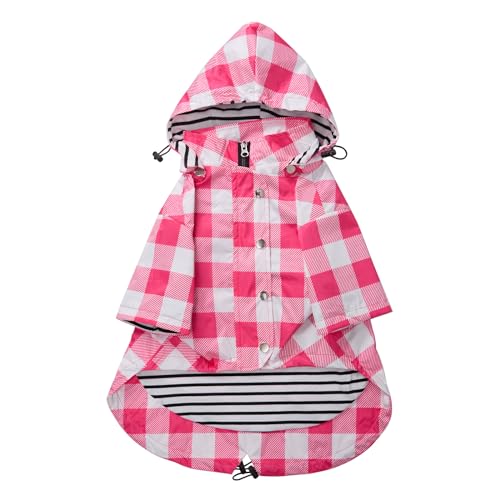 Dog rain Coat Waterproof Raincoat Puppy Jacket with Legs Buttons Zipper Hood Drawstring Fit for Yorkie Terrier Schnauzer Poodle Border Collie Labrador Golden Retriever 8lbs to 80lbs Pink S (Small / Pink Plaid)