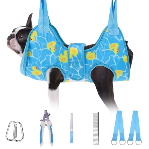 Dog Grooming Hammock for Small Dogs (S (Leg Spacing: 7-10.2" / Max W: 30lbs) / Blue Duck)