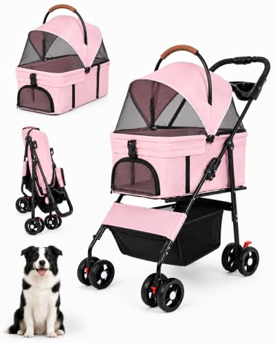 Pet Stroller 3 in1 Foldable Dog Cat Stroller with Detachable Carrier (PINK)