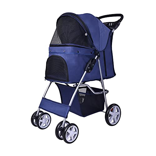 Pet Stroller 4 Wheels Multifunction Dog Cat Stroller (Navy)