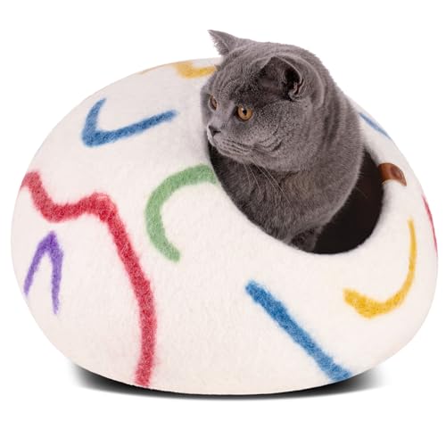 Cat Cave Merino Wool Bed for Indoor Cats (Ivory Rainbow / Medium)