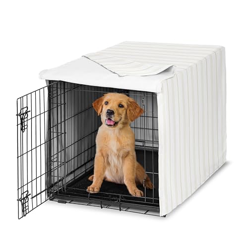 36in. Medium Dog Crate Cover (White and Taupe Stripe / 36.0"L x 23.5"W x 24.0"H)