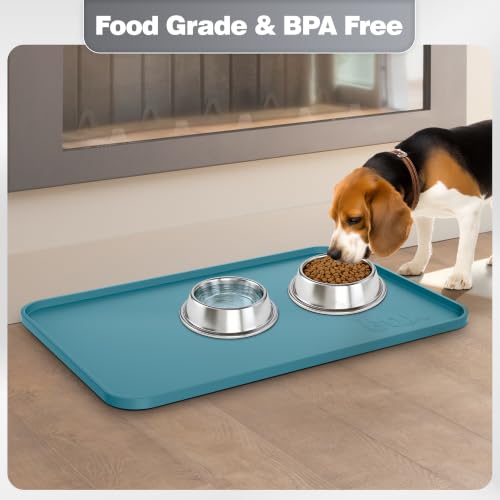 Silicone Dog Cat Food Mat Extra Thick Raised Edge (Slate Blue / 20"L x 14"W)