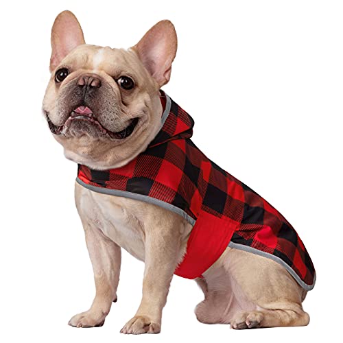 2-in-1 Reversible Dog Raincoat Hooded Poncho Rain Jacket Red Plaid S (Small / Buffalo Plaid / Red)