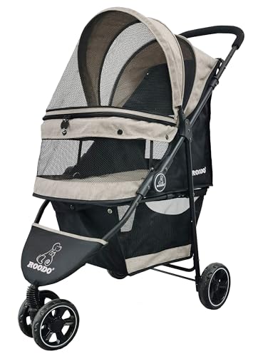 3 Wheel Dog Pet Cat Stroller Best Lightweight Foldable Compact Portable Jogger All Terrain Travel Pet Gear Puppy Kitty Stroller for up to 30lbs Medium Small Dogs and Cats (Light khaki)