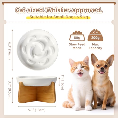 Elevated Slow Feeder Cat Bowl (White + Bamboo Base / 7"H)