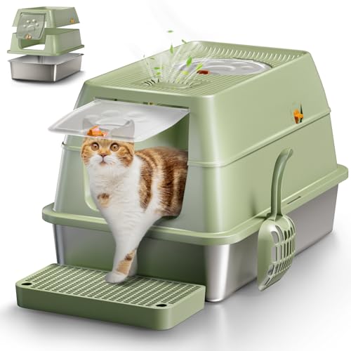 Stainless Steel Cat Litter Box with Removable Lid (Green)