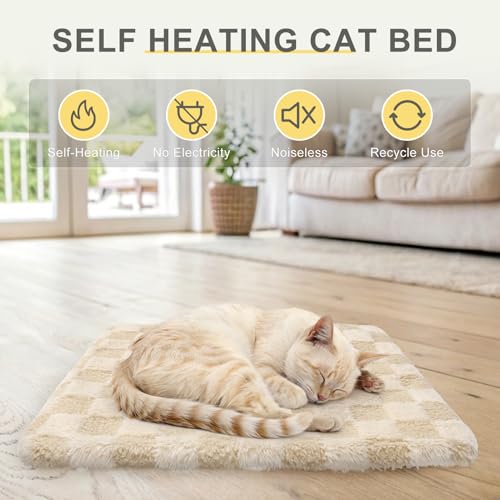 Self Warming Cat Bed (Beige_Furry / 20"L x 16"W x 0.7"Th)