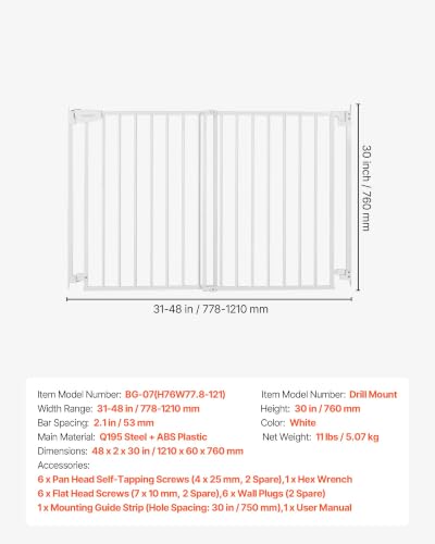 Pet Gate for Stairs (White / 31-48" Wide x 30" Tall)