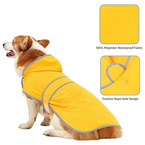 Dog Raincoat for Medium Dogs Waterproof Jacket Hooded Rain Coats with Reflective Strips Leash Hole & Poncho Adjustable Fit (B.Yellow / Large)