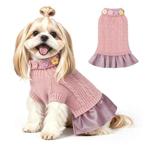 Small Dog Sweater Dress with Bowtie Turtleneck (Small (5-8lbs) / Dusty Pink)