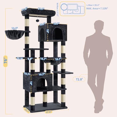 Cat Tree, 76-Inch Tall Heavy Duty Cat Tower for Big Cats HCT039G (Smoky Gray / 76.8 inch)