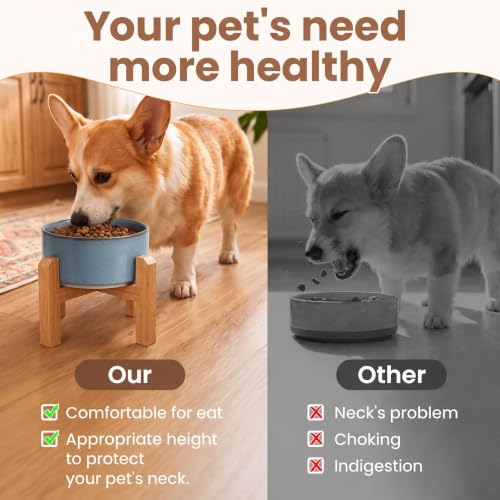 Elevated Ceramic Dog Bowl with Bamboo Stand (Gray Blue / 3.6Cup)