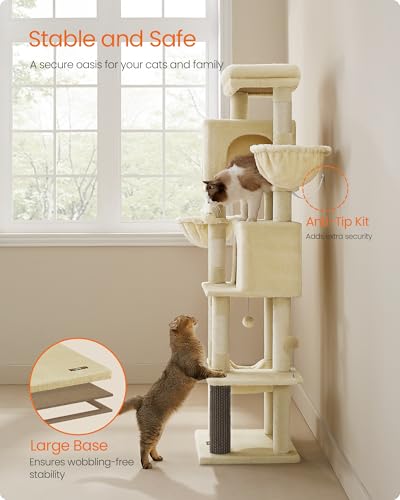 Cat Tree, 69-in Large Cat Tower, Multi-Level Condo, Sand Beige (Sand Beige)