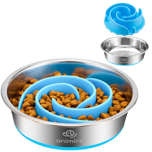 2-in-1 Metal Dog Bowl with Slow Feeder Insert, Stainless Steel Dog Bowls Food Grade 304, Water Food Bowl with Anti-Slip Silicone Base for Small, Medium, Large Dogs (2 Cups / Light blue)