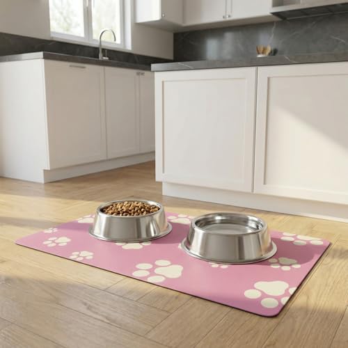 Pet Feeding Mat Dog Cat Food Mat Absorbent No Stains Quick Dry Rubber Bottom Anti (Pink-JY / 16"×24")