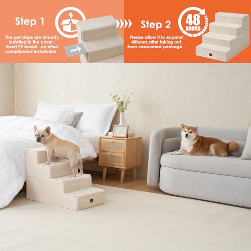 Dog Stairs for Bed 20" H (Beige / Extra Wide 16.5" x 28" x 20")